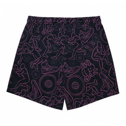 Black athletic shorts featuring a vibrant pink outline pattern of wrestling figures, including a mat, shoes and wrestlers.