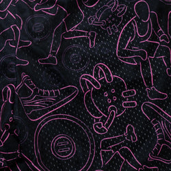 Black athletic fabric with a pink outline pattern including wrestling figures, shoes, wrestling mats.