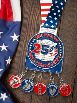 Red, white, and blue virtual race medal for the Run the 250 Mile Challenge with milestone charms.
