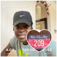 Woman in a cap with a "Miles of Friendship" race bib and running stats overlay