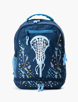 Navy blue lacrosse backpack featuring a large light blue stick head graphic and colorful stick pattern.