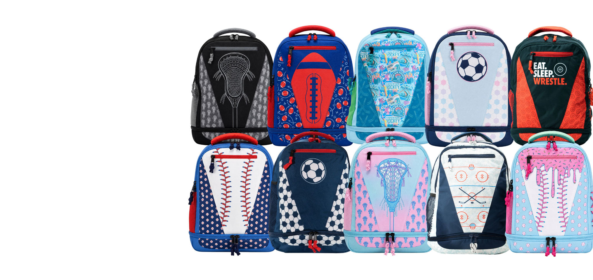 A set of ten colorful patterned backpacks arranged in two rows against a plain white background. The backpacks feature various sports-themed prints including soccer, lacrosse, baseball, hockey, and wrestling.