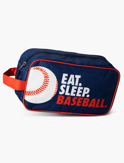 Navy blue baseball accessory bag featuring Eat Sleep Baseball slogan and white ball graphic.