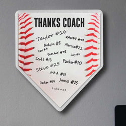 Home plate baseball coach gift plaque featuring red stitching, Thanks Coach text, and team signatures.