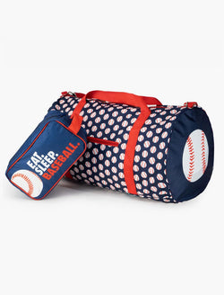 Navy blue baseball travel set featuring a duffle bag and matching accessory bag.