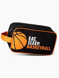 Black basketball accessory bag featuring Eat Sleep Basketball slogan and orange ball graphic.