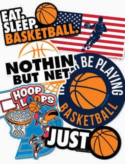 Assortment of basketball stickers featuring slogans, mascots, and American flag designs.
