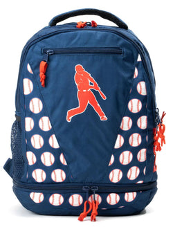Navy blue baseball backpack featuring baseball pattern and red batter silhouette.
