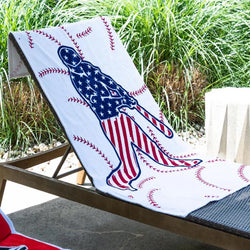 White baseball beach towel featuring a patriotic USA flag batter silhouette graphic.
