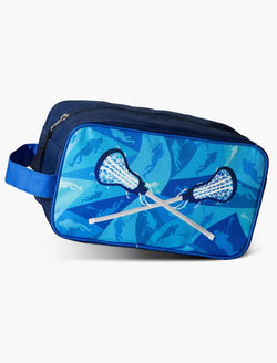 Blue girls lacrosse accessory bag featuring crossed sticks graphic and player silhouettes.