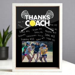 Lacrosse coach signature frame featuring Thanks Coach text, crossed sticks graphic, and team photo slot.