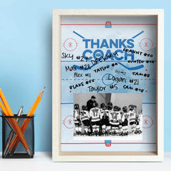 Hockey coach gift picture frame with Thanks Coach text, ice rink background, and team signatures.