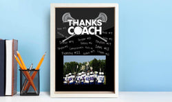 Lacrosse coach gift photo frame with a team picture, crossed sticks graphic, and personalized player signatures.