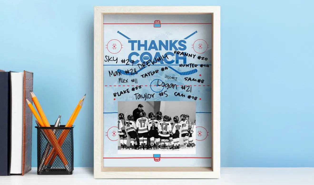 Hockey-themed frame with 'Thanks Coach' text and team photo on a blue background