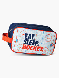 Navy blue hockey accessory bag featuring "Eat Sleep Hockey" text and ice rink design.