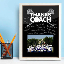 Lacrosse coach gift picture frame with Thanks Coach text, crossed sticks, and team names.