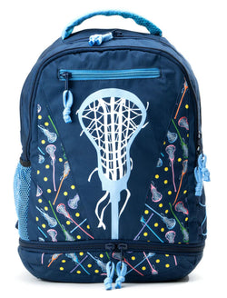 Navy blue girls lacrosse backpack featuring a large light blue stick head graphic and colorful stick pattern.