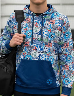Performance soccer hoodie featuring a pattern of American flags, soccer balls, and soccer slogans.