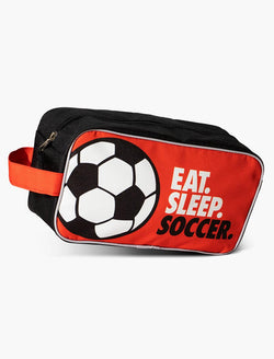 Black and red soccer accessory bag featuring a soccer ball graphic and Eat Sleep Soccer slogan.
