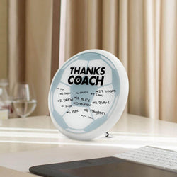 Round soccer coach gift plaque featuring Thanks Coach text and personalized team signatures.