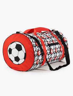 Red soccer duffle bag featuring a soccer ball pattern and large ball graphic on the side.
