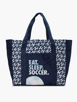 Navy blue soccer tote bag featuring Eat Sleep Soccer slogan and ball pattern.