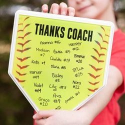 Yellow softball home plate plaque featuring a Thanks Coach header and personalized team roster.