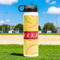 Softball water bottle featuring yellow softball graphics and a red band with white player silhouettes.