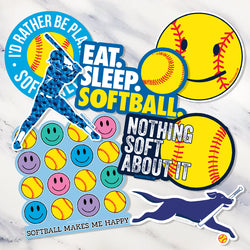 Softball stickers featuring slogans, player silhouettes, ball graphics, and a dog carrying a bat.