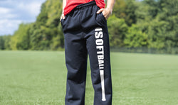 Navy blue softball sweatpants featuring vertical white Softball text and bat graphic on the leg.