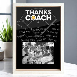 Black softball photo frame featuring white Thanks Coach text and player names with a team photo.