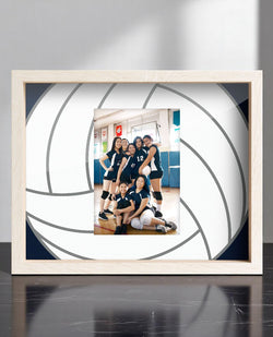 Navy blue volleyball photo frame featuring a large white volleyball graphic.