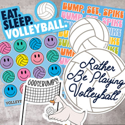 Volleyball stickers featuring slogans, ball graphics, and a cartoon goose playing volleyball.