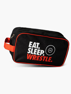 Black wrestling accessory bag featuring Eat Sleep Wrestle slogan and red accents.