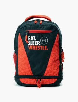 Black and red wrestling backpack featuring Eat Sleep Wrestle slogan and mat graphic.