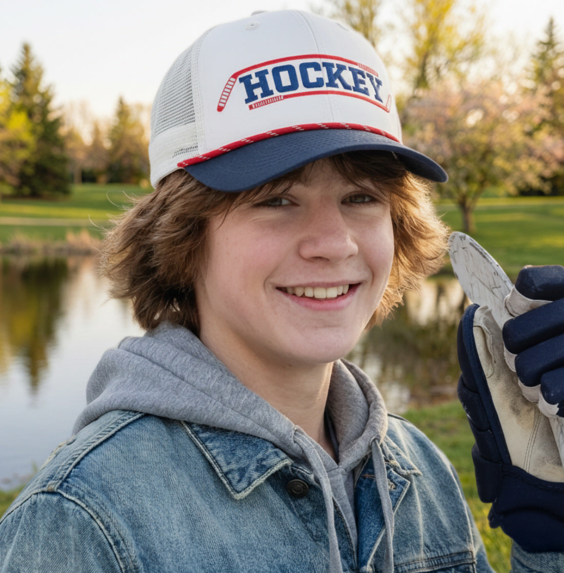 Youth a wearing a Hockey rope cap by a lake