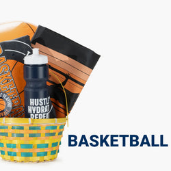 Easter basket filled with basketball themed items, including a t-shirt, drawstring backpack, water bottle, sticker, and an inflatable basketball