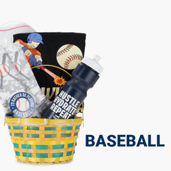 Easter basket filled with baseball-themed items including a t-shirt, socks, a water bottle, a sticker, and an inflatable baseball.