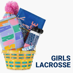 Easter basket filled with girls lacrosse themed items, including a t-shirt, a pom pom knit hat, a drawstring backpack, a water bottle, and a sticker.