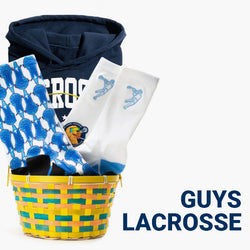 Easter basket full of lacrosse-themed items including socks, a hooded sweatshirt, and sticker
