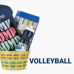 Basket with volleyball, sports-themed t-shirt, and water bottle on a white background
