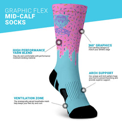 Graphic flex mid-calf sock with tiger design on a blue and pink background