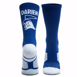 Blue socks with white logo and text on a white background