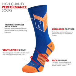 Blue and orange sock with performance features highlighted on a white background
