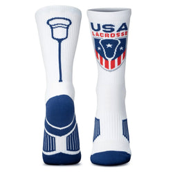 White socks with blue and red designs featuring a lacrosse stick and USA Lacrosse logo on a white background.