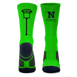 Green socks with black designs and 'Norwalk' branding on a white background