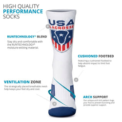 White sock with USA Lacrosse logo and features highlighted on a white background