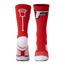 Red socks with white and black designs on a white background