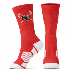 Red socks with a logo on a white background