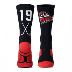 Black socks with red accents and a logo on a white background